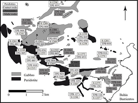 Geological map of the transition between peridotite and gabbroic units in the Taitao ophiolite, showing the Os isotope ratios of the studied rocks (peridotites and gabbros in white and grey boxes respectively). Also shown are the different units recognized in Taitao peninsula and the geotectonic setting of the area. Isotopic compositions of peridotitic rocks range considerably, and include some quite depleted isotopic compositions consistent with ancient (Proterozoic) melt depletion events. Figure is from Schulte et al. (2009). Geological map of the transition between peridotite and gabbroic units in the Taitao ophiolite, showing the Os isotope ratios of the studied rocks (peridotites and gabbros in white and grey boxes respectively). Also shown are the different units recognized in Taitao peninsula and the geotectonic setting of the area. Isotopic compositions of peridotitic rocks range considerably, and include some quite depleted isotopic compositions consistent with ancient (Proterozoic) melt depletion events. Figure is from Schulte et al. (2009).