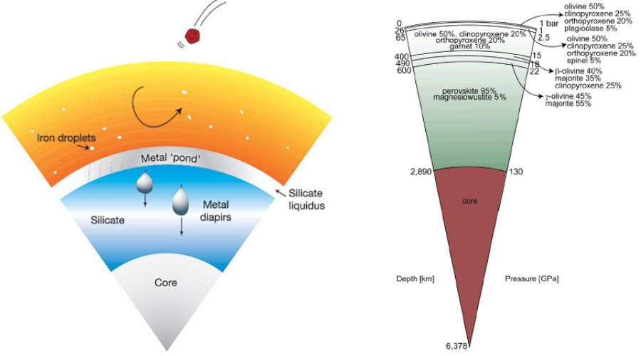(Left) Schematic diagram of a terrestrial magma ocean, wherein metal-silicate equilibration occurs at the high pressures and temperatures present at the base of a transient magma ocean (figure from Wade and Wood, 2005). Under these conditions, some of the MSE are considerably less siderophile than at 1 atmosphere of pressure. Many current models to account for MSE abundances in the mantle assume such a process. (Right) Mineral assemblages that may have resulted from the crystallization of a 2,000-km deep terrestrial magma ocean (figure from Elkins-Tanton, 2008).